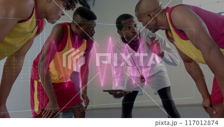 Image of digital data processing over diverse basketball players on court Image of digital data processing over diverse basketball players on court 117012874