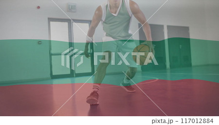 Image of flag of bulgaria over biracial male basketball player at gym 117012884