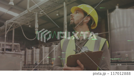Worker in safety gear holding clipboard, DOWNLOAD text image over industrial background Worker in safety gear holding clipboard, DOWNLOAD text image over industrial background 117012888
