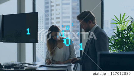 Image of binary coding data processing over diverse business people in office Image of binary coding data processing over diverse business people in office 117012889