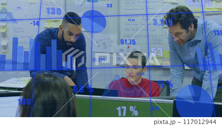 Image of data processing over diverse business people in office 117012944