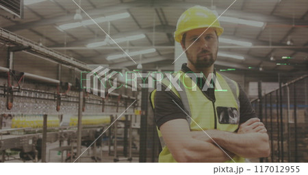 Encryption text image over factory worker in safety gear crossing arms 117012955