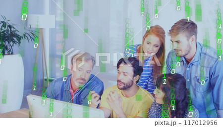 Image of binary coding data processing over diverse business people in office 117012956