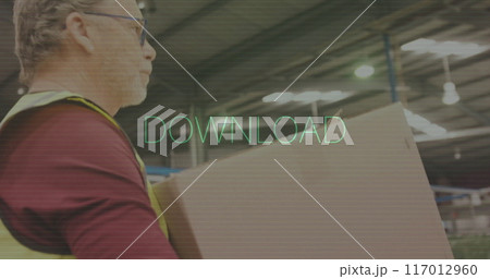 Man in warehouse walking, DOWNLOAD text image over scene 117012960