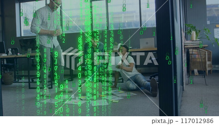 Image of binary coding data processing over diverse business people in office 117012986