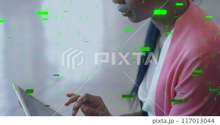 Image of binary coding data processing over diverse business people in office 117013044