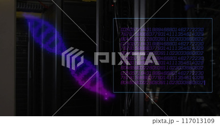 Image of dna strands and data processing over server room 117013109