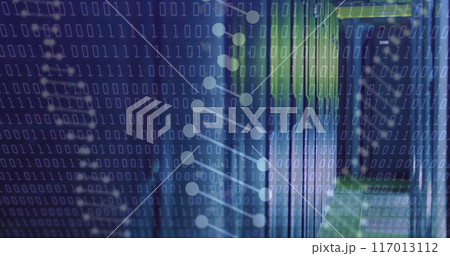 Image of dna strands and data processing over server room 117013112