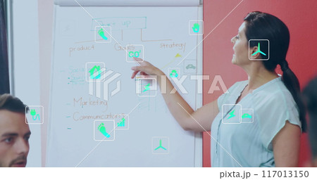 Image of ecology icons over diverse colleagues at meeting in office Image of ecology icons over diverse colleagues at meeting in office 117013150