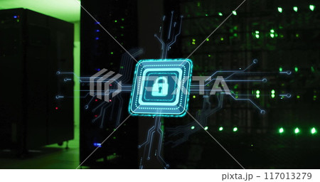 Image of padlock with connections over server room 117013279