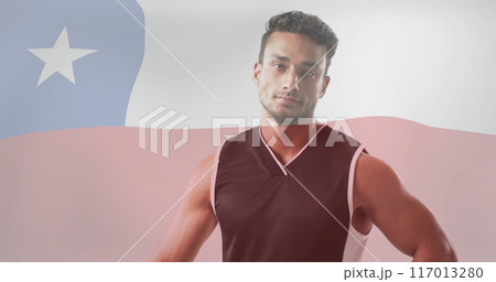 Image of flag of chile over biracial male volleyball player 117013280