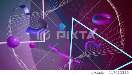 Image of 3d blue and purple shapes over lines and network structure on purple background Image of 3d blue and purple shapes over lines and network structure on purple background 117013326