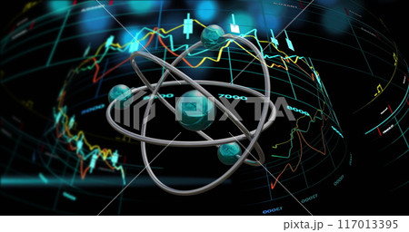 Image of atom spinning and digital data processing over black background Image of atom spinning and digital data processing over black background 117013395