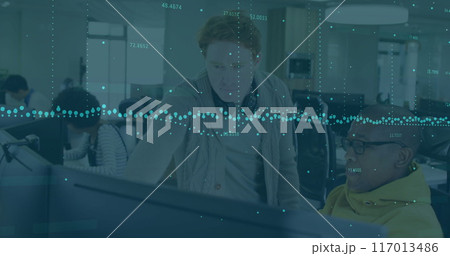 Image of data processing over diverse male colleagues discussing at computer in casual office 117013486