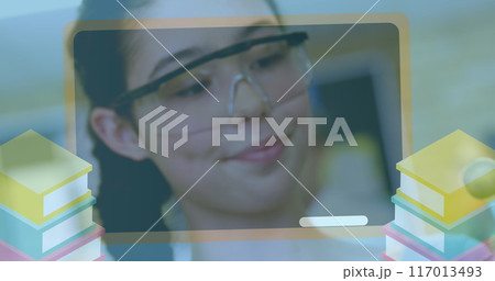 Image of board icon over caucasian schoolgirl in lab Image of board icon over caucasian schoolgirl in lab 117013493