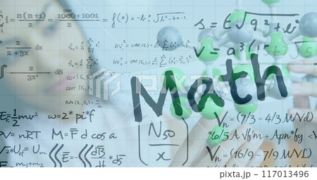 Image of mathematical equations and math text over biracial woman with models in classroom 117013496