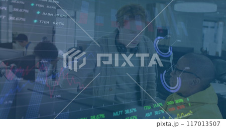 Image of charts and data processing over diverse male colleagues discussing at computer Image of charts and data processing over diverse male colleagues discussing at computer 117013507