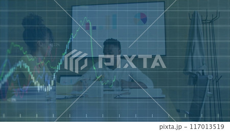 Image of data processing over diverse male and female colleague discussing at casual meeting 117013519