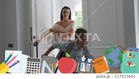 Image of school icons over schoolboy with mother at home Image of school icons over schoolboy with mother at home 117013602