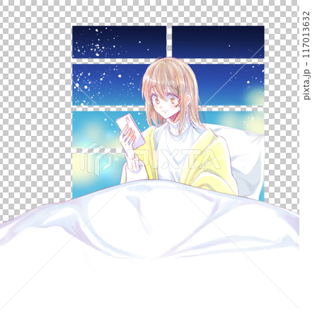 Woman looking at smartphone on bed, winter, smiling, window Woman looking at smartphone on bed, winter, smiling, window 117013632