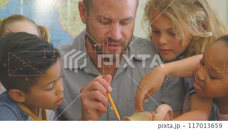 Image of math formulas over diverse pupils and male teacher at school Image of math formulas over diverse pupils and male teacher at school 117013659
