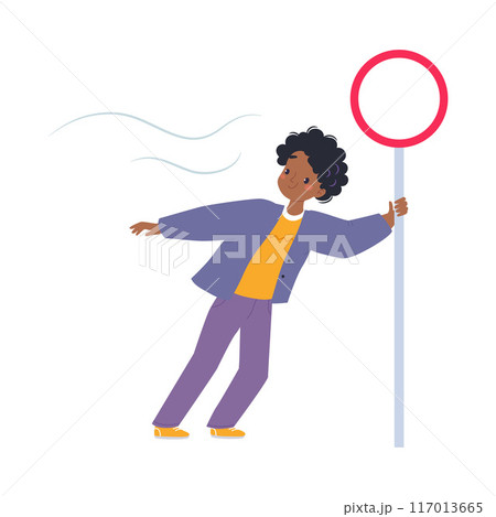 Bad Weather with Man Character Hold by Post Walk in Windstorm and Rain Vector Illustration Bad Weather with Man Character Hold by Post Walk in Windstorm and Rain Vector Illustration 117013665