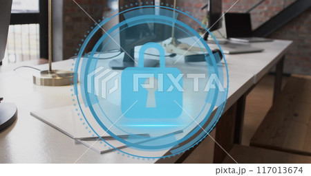 Image of digital padlock icon and data processing over desks in office Image of digital padlock icon and data processing over desks in office 117013674
