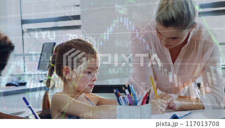 Image of graphs over caucasian female teacher helping girl at school Image of graphs over caucasian female teacher helping girl at school 117013708
