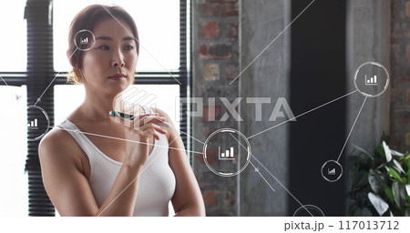 Image of digital icons, connections and data processing over asian businesswoman in office 117013712