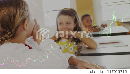 Image of graphs over caucasian girls at school 117013716