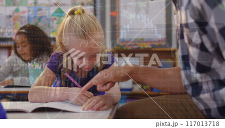 Image of line graph over multiracial male teacher assisting girl in writing notes in book 117013718