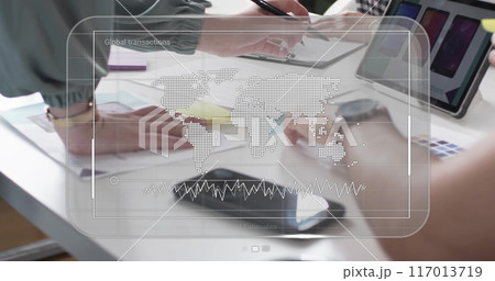 Image of screen with data processing over diverse business people in office 117013719