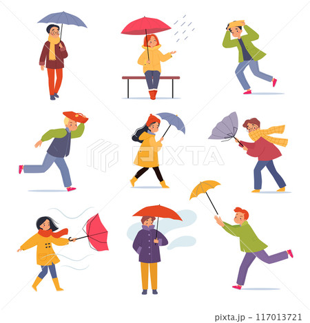 Bad Weather with Man and Woman with Umbrella Walk in Windstorm and Rain Vector Set 117013721