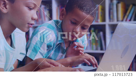 Image of numbers over diverse boys with laptop at school 117013723