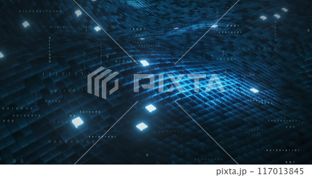Image of data processing over blue squares on black background 117013845