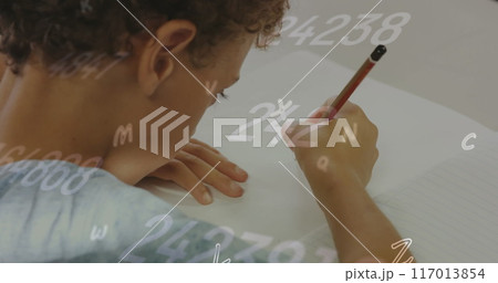 Image of alphabets and changing numbers floating over caucasian boy studying in class at school Image of alphabets and changing numbers floating over caucasian boy studying in class at school 117013854