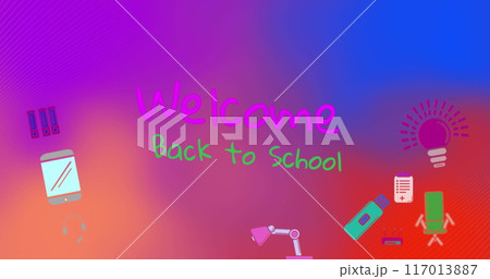 Image of welcome back to school text and school icons over shapes 117013887