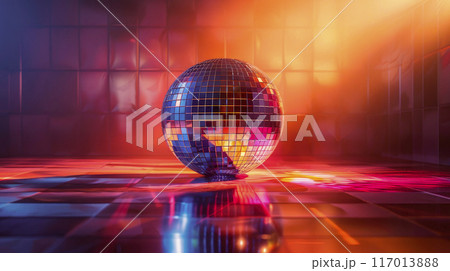 Disco ball abstract background. Disco ball on a dance floor shine in dark. 117013888