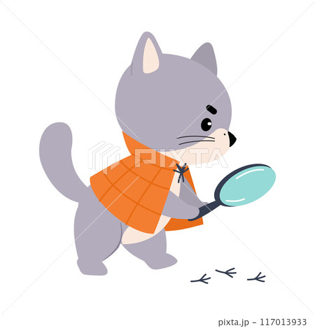Cat Animal Detective Character with Magnifier Investigating and Search for Evidence Vector Illustration 117013933