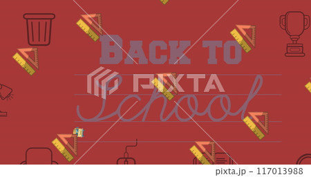 Image of back to school text over school items icons on red background 117013988