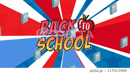 Image of back to school text over school items icons on blue red and white background 117013990
