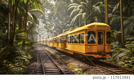Yellow passenger train drives in greenery landscape. 117013991