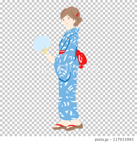団扇を持って浴衣を着ている若い女性のイラスト 117013993