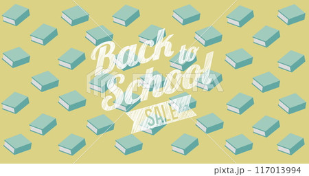 Image of back to school sale text over school items icons on green background 117013994