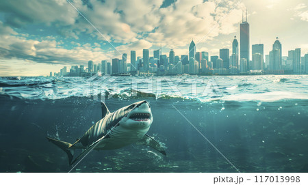 A great white shark under the water reaching to the surface, and there the cityscape showing on the background in the surface. 117013998