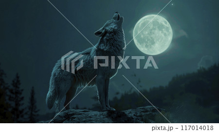 Wolf howling on full moon at night. 117014018