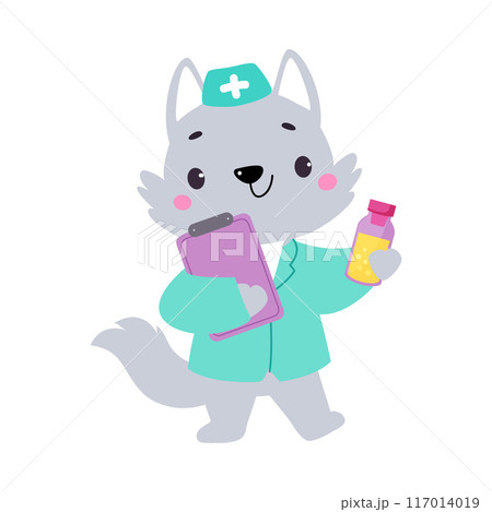 Wolf Animal Work in Ambulance and Hospital Hold Clipboard Vector Illustration 117014019