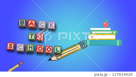 Image of back to school text over school items icons on blue background 117014020