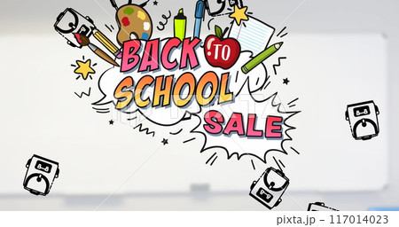 Image of back to school text and school items icons over classroom 117014023