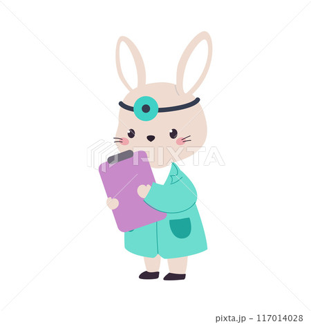 Bunny Animal Work in Ambulance and Hospital Hold Clipboard Vector Illustration 117014028